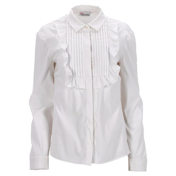 Red Valentino Long Sleeve Ruffle Tuxedo Shirt In White Cotton